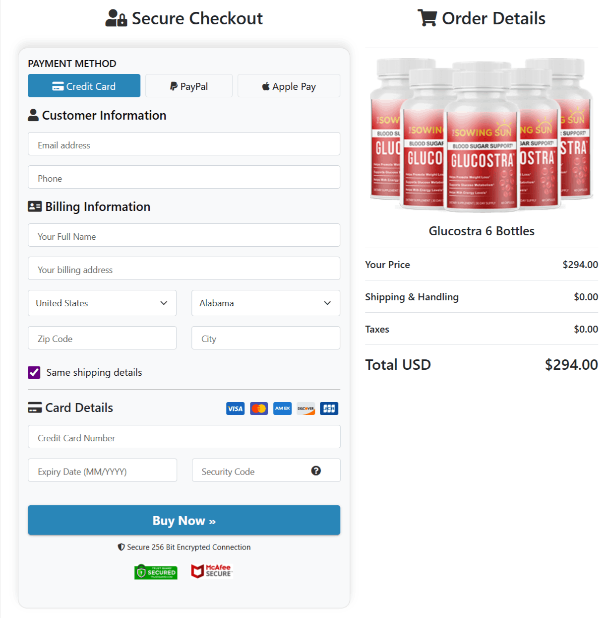 Glucostra checkout page